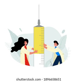 Scientists a woman and a man hold a syringe of antibiotic against covid -19 together. There is a vaccine against the virus, hope for a normal life again.Get Vaccinated now.Fight Coronavirus.