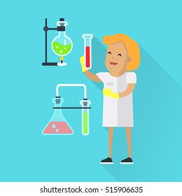 Scientists woman in white robe at work. Scientist chemist holding test tube. Scientists in chemical lab with tubes and flasks. Science and technology development, scientific research, lab research.