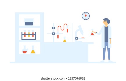 Scientists at work in a chemical laboratory, biological, chemical or biotechnological research process vector Illustration