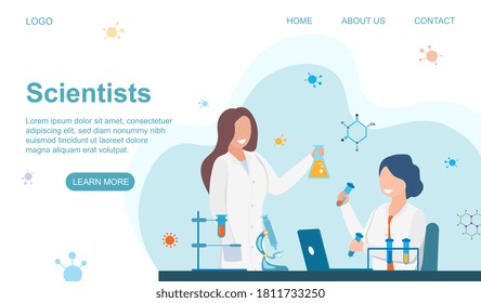 Scientists at Work concept. Two scientists, chemists or biologists working in a laboratory with flasks and test tubes. Web page template. Flat vector illustration