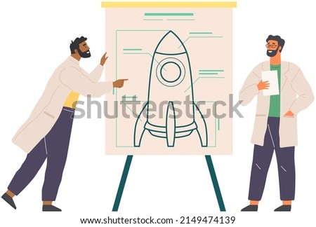 Scientists work with drawing draft of contemporary rocket. Investing money in space project. Business startup with spaceship planning concept. People create scheme of rocket for new project