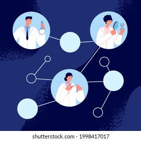 Scientists at work. Flat research act, scientist work instrument. Chemistry technology team working on distance in lab utter vector concept