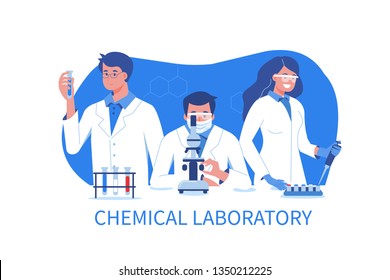 Scientists at work. Flat vector illustration isolated on white background. 