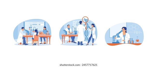 Scientists work in the laboratory. Conduct research on DNA molecules. Microbiological analysis. Laboratory concept. Set flat vector illustration.