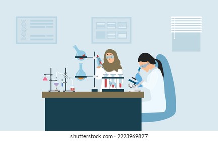 Scientists work in laboratory. New medicine development. Researcher with microscope. Flat vector illustration