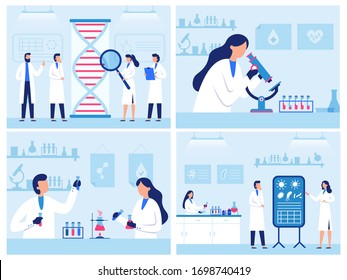 Scientists work in laboratory. Professional genetic research lab, virus and blood researches. Water quality diagnostics vector illustration set. Virus medical research test, hospital professional lab