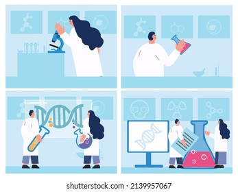 Los científicos trabajan en laboratorio. Laboratorio de investigación genética profesional, investigaciones sobre virus y sangre. Conjunto de ilustraciones de diagnóstico de calidad del agua. Prueba de investigación médica de virus, laboratorio profesional de hospitales.
