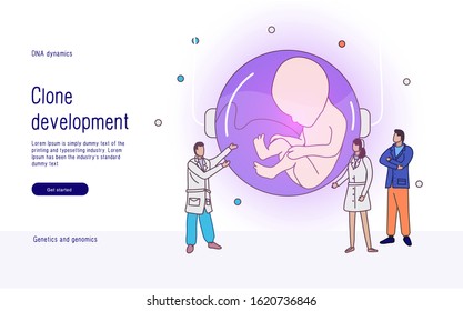 Scientists work in the laboratory. Science in human development. cloning and technology of the future. Fetus man in artificial insemination and growing it in a capsule. Vector.