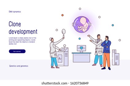 Scientists work in the laboratory. Science in human development. cloning and technology of the future. Fetus man in artificial insemination and growing it in a capsule. Vector.