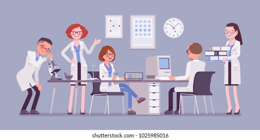 Scientists at work. Male and female experts of physical or natural laboratory in white coats research with microscope, computer. Science and technology concept. Vector flat style cartoon illustration