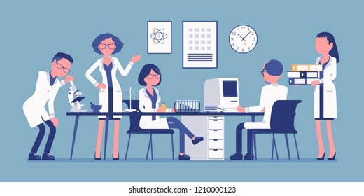 Scientists at work. Male and female experts of physical or natural laboratory in white coats research with microscope, computer. Science, technology concept. Vector illustration, faceless characters