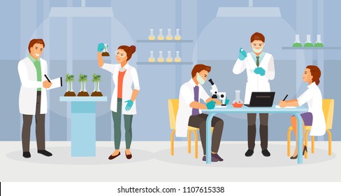 Scientists working in the biochemical laboratory. Vector illustration