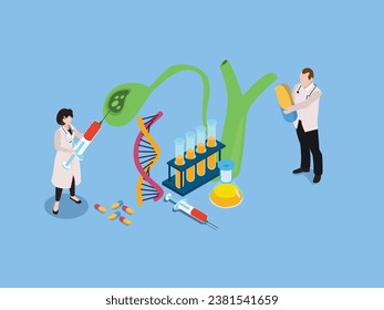 Scientists working in biotechnology lab isometric 3d vector concept for illustration, banner, website, landing page, flyer, etc.