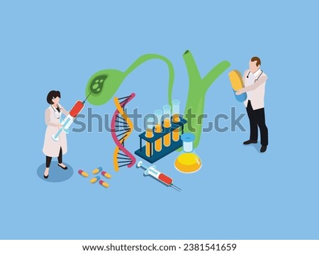 Scientists working in biotechnology lab isometric 3d vector concept for illustration, banner, website, landing page, flyer, etc.