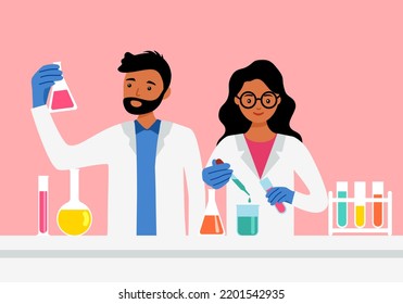 Scientists working in chemical laboratory in flat design. Analytical chemists doing research work.