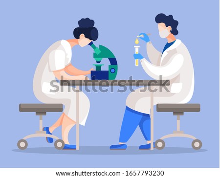 Scientists working in coronavirus laboratory, people examining substances or cell. Man and woman using microscope. Male heating liquid filled in test flask. Chemists in lab of hospital or clinic
