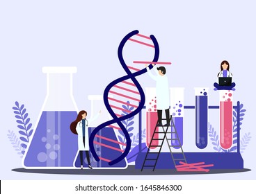 Scientists working with DNA. Doctors doing laboratory research. Medicine and technology. Genetic testing  DNA testing  genetic diagnosis concept. Vector, illustration, esp.