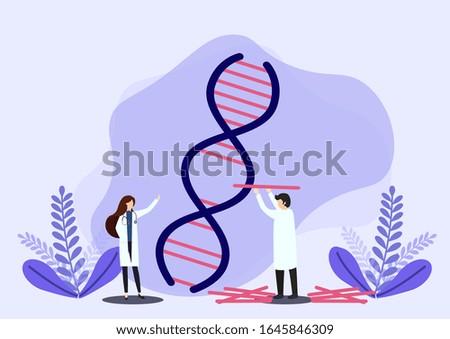 Scientists working with DNA. Doctors doing laboratory research. Medicine and technology. Genetic testing  DNA testing  genetic diagnosis concept. Vector, illustration, esp.
