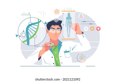 Scientists working with dna in lab. Vector genetic diagnosis in laboratory flat style design. Science, research, discovery concept