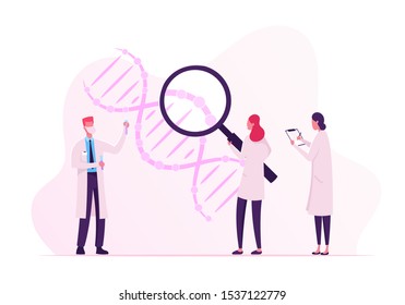 Scientists Working with Dna Looking through Huge Magnifying Glass and Making Notes. Doctor with Flask Doing Laboratory Research. Medicine Technology Genetic Testing Cartoon Flat Vector Illustration