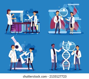 Scientists working in the field of bio and genetic engineering, flat vector illustration isolated on blue background. Set of male and female doctors doing research on human DNA and organs.