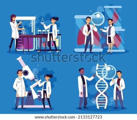 Scientists working in the field of bio and genetic engineering, flat vector illustration isolated on blue background. Set of male and female doctors doing research on human DNA and organs.