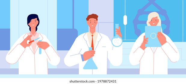 Scientists working. Flat research medical lab, science laboratory. Doctors work, chemistry scientist testing with equipment utter vector concept