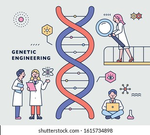 Scientists Are Working In Front Of A Huge Gene Chain. Flat Design Style Minimal Vector Illustration.