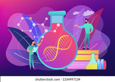 Scientists working with huge DNA chain in the glass bulb. Gene therapy, gene transfer and functioning gene concept on ultraviolet background. Bright vibrant violet vector isolated illustration