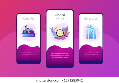 Scientists working with huge DNA of a chicken. Genetically modified animals, genetically modified animal experiments concept on white background. Mobile UI UX GUI template, app interface wireframe