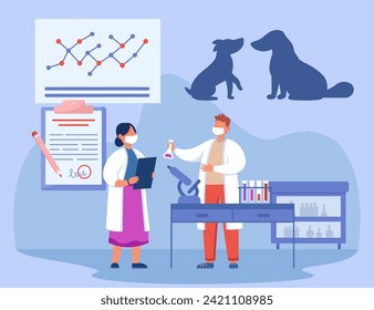 Scientists working in lab and breeding new species of animals. Vector illustration. Microscope and test tubes on table, laboratory dogs, clipboard with test documents. Science, technology concept