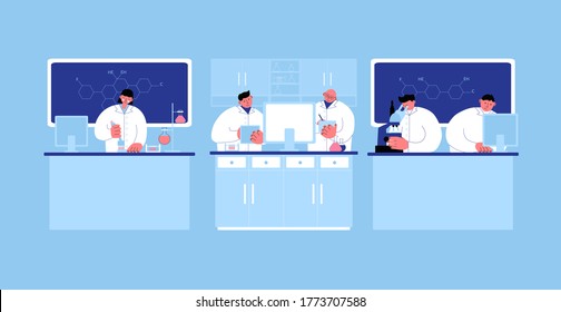 Scientists working in a lab vector concept illustration. Biochemistry experiments, Vaccine and drug treatment development, clinical research vector illustration for web and app