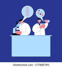 Scientists working in a lab vector concept illustration. Biochemistry experiments, Vaccine and drug treatment development, clinical research vector illustration for web and app. DNA and protein vector