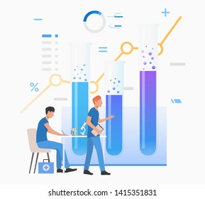 Scientists working in laboratory against tubes and charts vector illustration. Research, science, pharmacy. Chemistry concept. Creative design for layouts, web pages, banners
