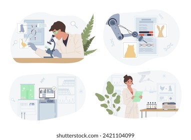 Scientists working in laboratory and breeding new species of animals and insects. Vector illustration set. Microscope, DNA, special equipment, test tubes. Science, modern technology concept