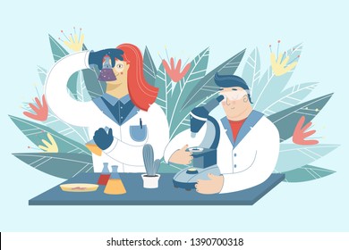 Scientists working in laboratory on the abstract background. Medical researchers doing experiments and research with microscope and flasks. Chemistry research concept. Vector pharmaceutical process.