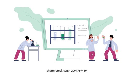 Scientists working in laboratory on biochemical or genetically modified product, flat vector illustration isolated on white background. Biochemistry and bioengineering.