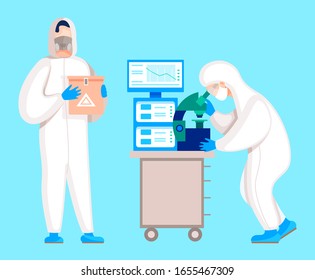 Wissenschaftler, die im Labor arbeiten. Personen, die Mikroskop verwenden, um Bakterien oder Virusproben zu analysieren. Kollegen oder Mitarbeiter im Team, die neue Stempel erforschen. Krankheit oder Behandlung von Krankheit, Vektorillustration in Form einer Wohnung