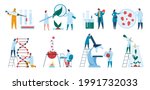 Scientists working in laboratory. Researchers, biologists doing science experiments. Dna research, pharmaceutical chemistry concept vector set. Examining plant with with magnifier, analyzing liquid