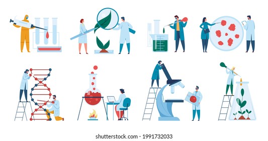 Scientists working in laboratory. Researchers, biologists doing science experiments. Dna research, pharmaceutical chemistry concept vector set. Examining plant with with magnifier, analyzing liquid