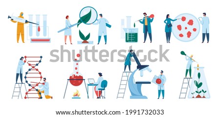 Scientists working in laboratory. Researchers, biologists doing science experiments. Dna research, pharmaceutical chemistry concept vector set. Examining plant with with magnifier, analyzing liquid