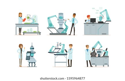 Scientists Working in Laboratory with Robots Vector Illustrations Set