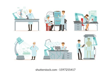 Scientists Working in Laboratory with Robots Vector Illustrations Set. Artificial Intelligence Concept