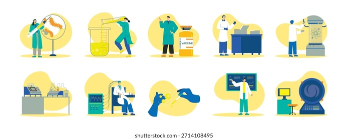 Wissenschaftler arbeiten in einem Labor und suchen nach Wegen, Medizin mithilfe von Experimenten zu erschaffen. Zeichendesign. Flache Vektorgrafik
