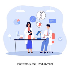 Scientists working in laboratory vector illustration. Man looking at research results through microscope. Woman with research report.  Biotechnology and biomodeling concept