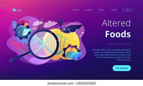 Scientists working with magnifier and apple DNA. Genetically modified foods, GM foods and genetically engineered foods concept on white background. Website vibrant violet landing web page template.