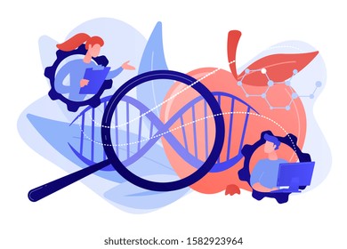 Scientists working with magnifier and apple DNA. Genetically modified foods, GM foods and genetically engineered foods concept on white background. Pinkish coral bluevector isolated illustration