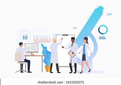 Scientists working in modern laboratory vector illustration. Biotechnology, medicine, chemistry. Science concept. Creative design for layouts, web pages, banners