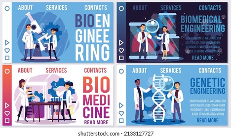 Scientists Working On Biomedical Engineering, Landing Page Templates, Flat Vector Illustration. Set Of Web Banners With Doctors Doing Researches And Working On DNA Engineering.