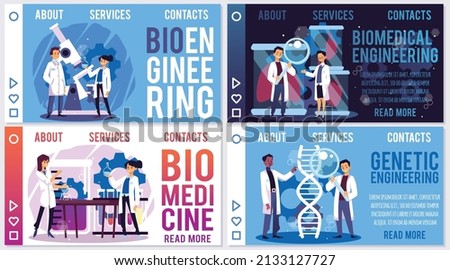 Scientists working on biomedical engineering, landing page templates, flat vector illustration. Set of web banners with doctors doing researches and working on DNA engineering.